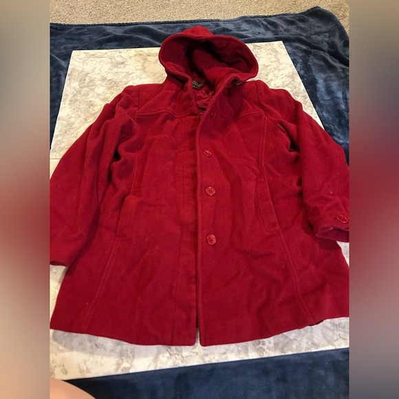 Women’s Jason Kole 100% Red Wool Hooded Pea Coat Size Large - Picture 1 of 7